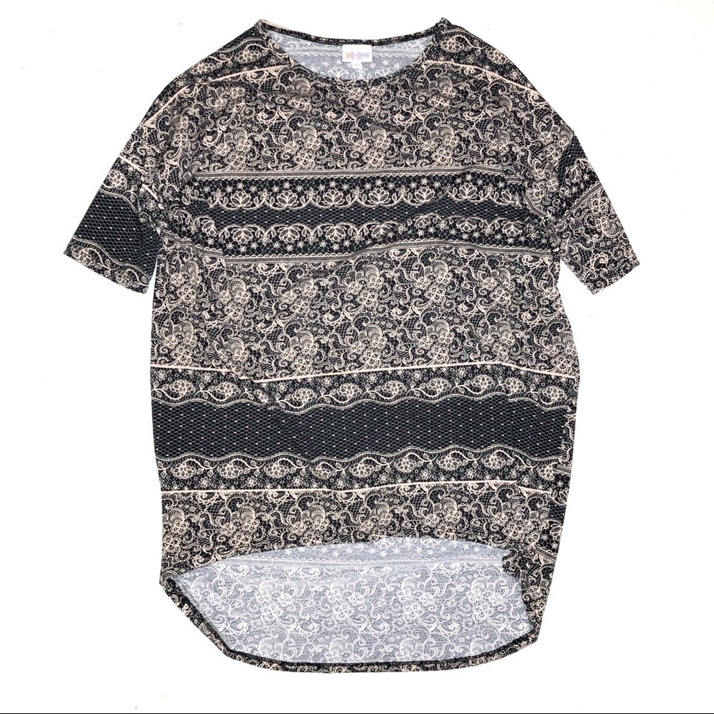 LuLaRoe Irma Tunic Top XS Black Beige Lace Print High Low Hem